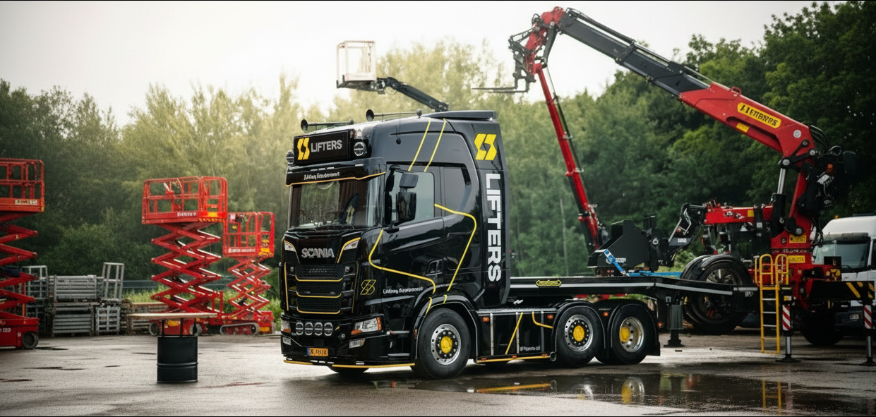 Scania kraanwagen van LIFTERS met autolaadkraan en schaarliften